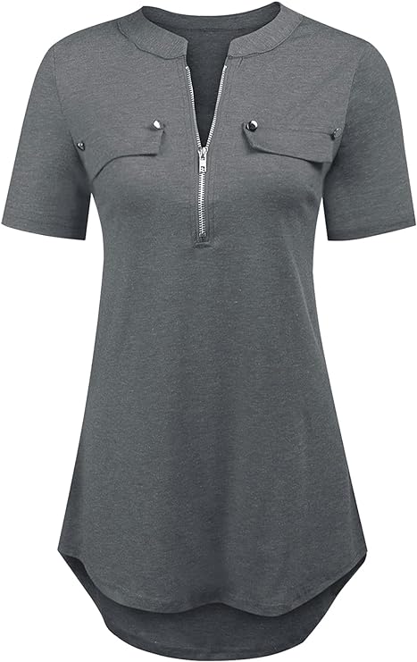 Women's Short Sleeve Zip Flowy Tunic Tops Business Casual Work Office Blouses Shirts