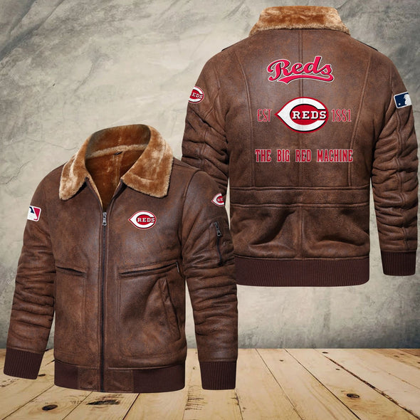 Cincinnati Reds Fleece Leather Bomber Jacket