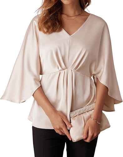 Women's Satin Silk Peplum Top Ruffle 3/4 Sleeve Tops for Women Dress.