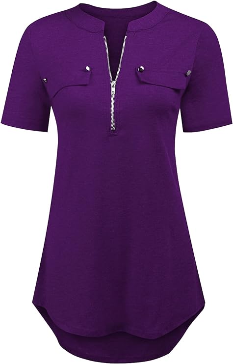 Women's Short Sleeve Zip Flowy Tunic Tops Business Casual Work Office Blouses Shirts