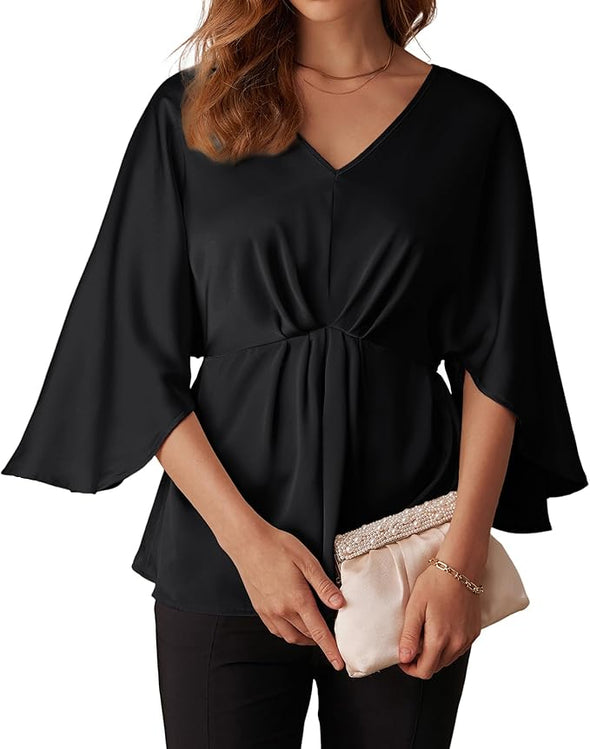 Women's Satin Silk Peplum Top Ruffle 3/4 Sleeve Tops for Women Dress.