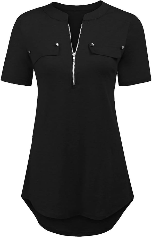 Women's Short Sleeve Zip Flowy Tunic Tops Business Casual Work Office Blouses Shirts
