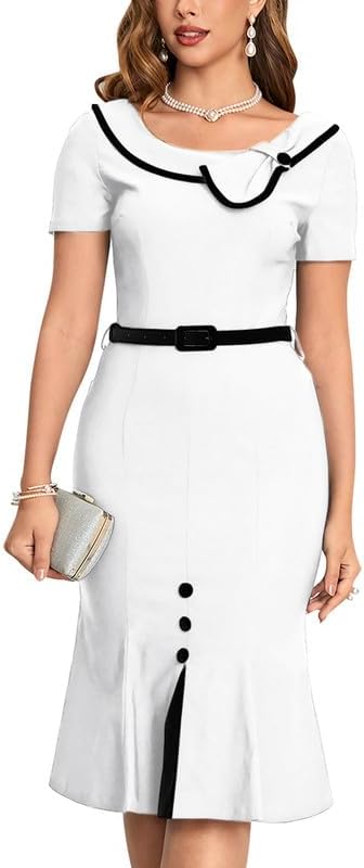Women's Retro 60s Sailor Collar Short Sleeve Pinup Cocktail Work Mermaid Dress with Belt