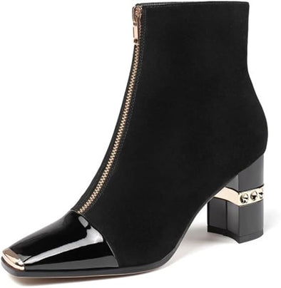 Ankle Booties Block Heeled Winter Autumn Suede Short Boots For Women Chunky High Heel Square Toe Front Zipper Boots