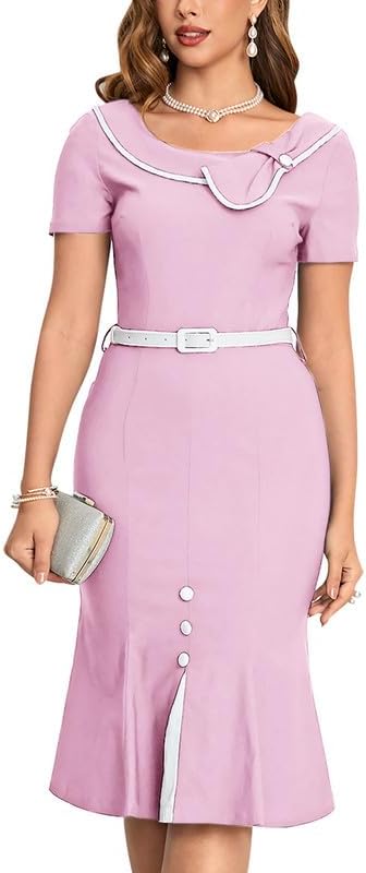 Women's Retro 60s Sailor Collar Short Sleeve Pinup Cocktail Work Mermaid Dress with Belt
