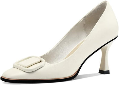 Women's Genuine Leather Square Toe Handmade Stiletto Mid Heels Pumps Shoes with Buckle