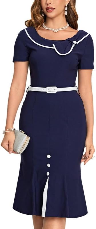 Women's Retro 60s Sailor Collar Short Sleeve Pinup Cocktail Work Mermaid Dress with Belt