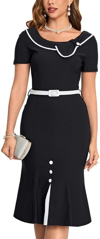 Women's Retro 60s Sailor Collar Short Sleeve Pinup Cocktail Work Mermaid Dress with Belt