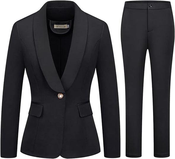Women's 2 Piece Business Suit Set One Button Solid Color Blazer Trouser Suit