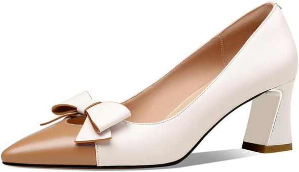 Women's Genuine Leather Pointed Toe Handmade Bowknot Mid Chunky Heels Cute Pumps Shoes