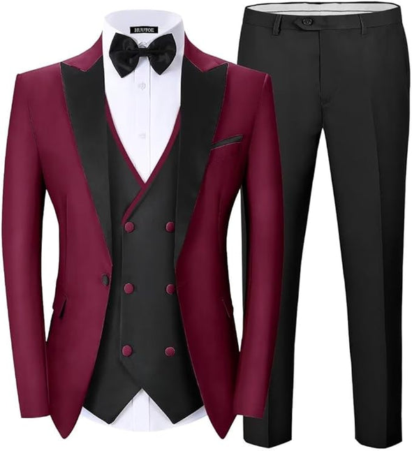 Men's Tuxedo Suits 3 Piece Slim Fit Stylish Party Wedding Prom Formal Christmas Double Breasted Suit with Bow Tie