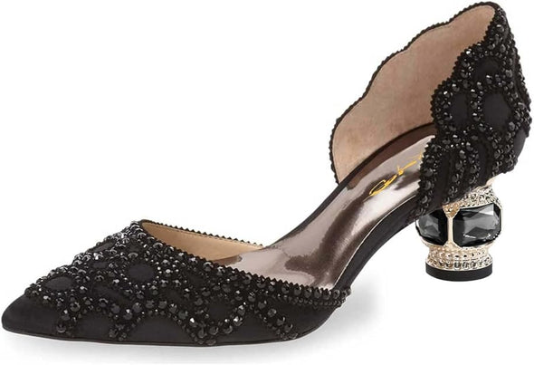 Women's Pumps, Elegant Pointed Toe, D'Orsay Crystal Chunky Low Heels 2 Inches, Rhinestone Studs, Slip-On Satin Shoes for Wedding