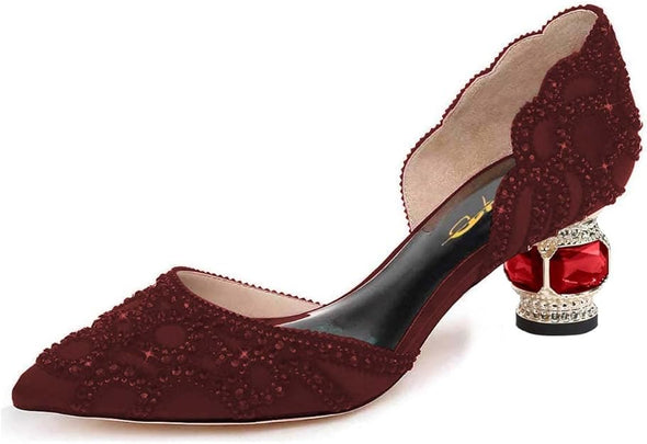 Women's Pumps, Elegant Pointed Toe, D'Orsay Crystal Chunky Low Heels 2 Inches, Rhinestone Studs, Slip-On Satin Shoes for Wedding