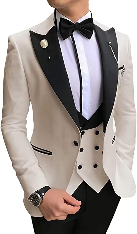 Men's Tuxedo Slim Fit 3 Piece Suit Formal Wedding Suit One Button Jacket Vest & Trousers with Bow Tie
