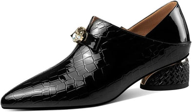 Glossy Patent Leather Pointed Toe Handmade Bowknot Low Chunky Heels Side Zip Women's Casual Loafer Shoes