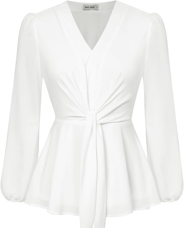 2024 Women's Elegant Peplum Tops V Neck Tie Front Long Sleeve Shirts Tops Blouse