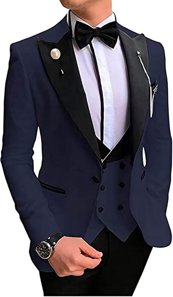Men's Tuxedo Slim Fit 3 Piece Suit Formal Wedding Suit One Button Jacket Vest & Trousers with Bow Tie