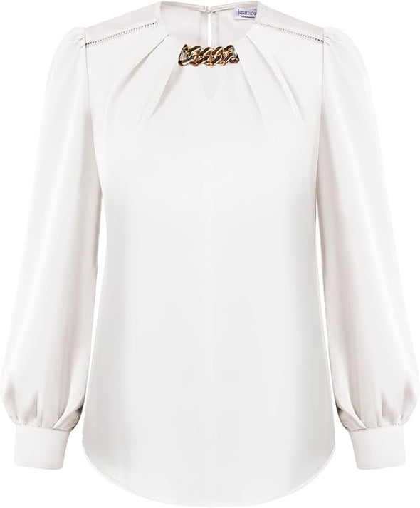 Women's Satin Silk Blouse 2024 Crew Neck Long Sleeve Blouses Elegant Casual Office Work Dressy Shirts Tops