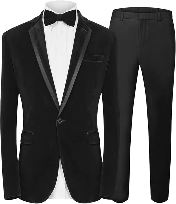 Mens Velvet 2 Piece Suit Spliced Lapel One Button tuxedo blazer with pants