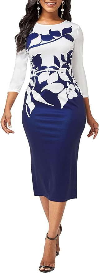 Women's 3/4 Sleeve Bodycon Dresses Work Casual Floral Print Pencil Midi Dresses with Belt