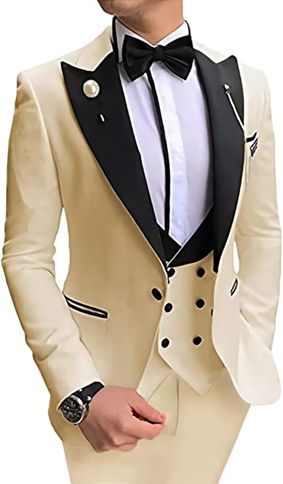 Men's Tuxedo Slim Fit 3 Piece Suit Formal Wedding Suit One Button Jacket Vest & Trousers with Bow Tie