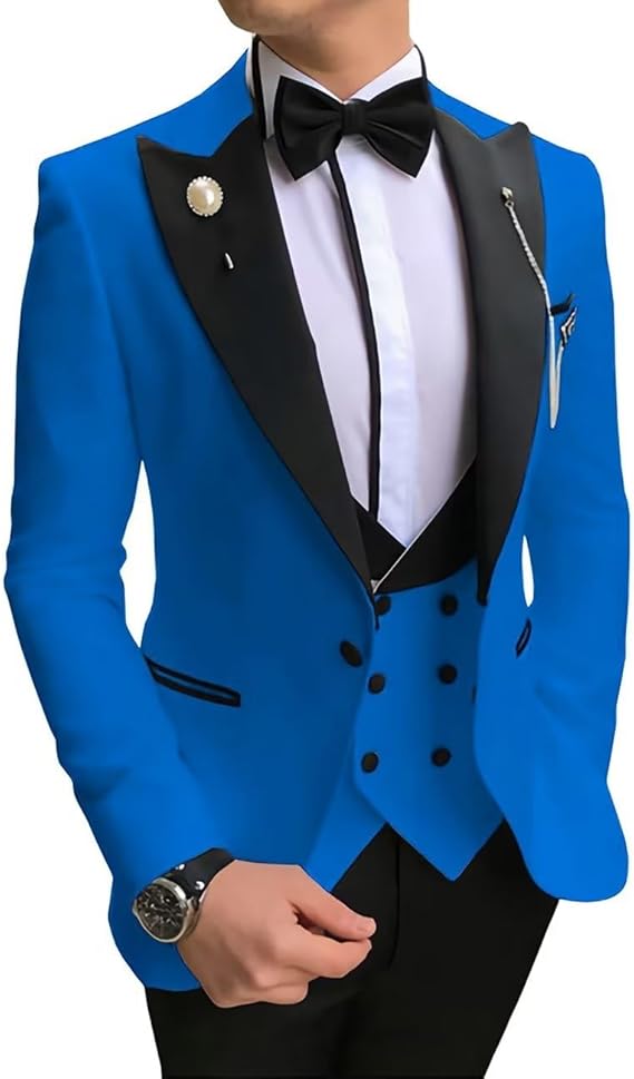 Men's Tuxedo Slim Fit 3 Piece Suit Formal Wedding Suit One Button Jacket Vest & Trousers with Bow Tie