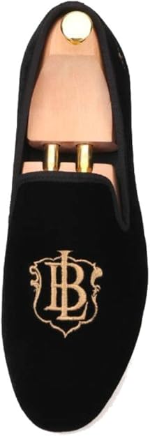 Handmade Men Black Velvet with Embroidered Loafers Flats shoe.