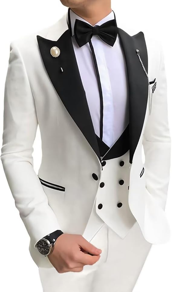 Men's Tuxedo Slim Fit 3 Piece Suit Formal Wedding Suit One Button Jacket Vest & Trousers with Bow Tie