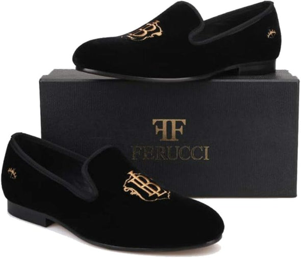 Handmade Men Black Velvet with Embroidered Loafers Flats shoe.