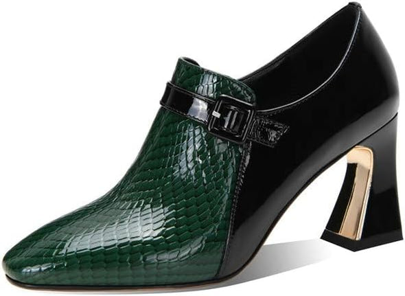 Women's Genuine Leather Round Toe Handmade Buckle Side Zipper Multi-Colored Mid Chunky Heel Stylish Pumps Shoes