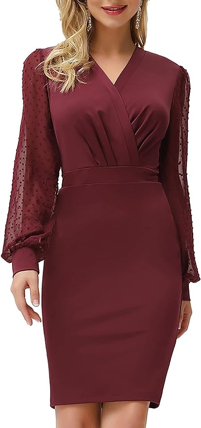 Women's Pencil Work Dresses Long Sleeve Wrap V Neck Bodycon Business Dress Elegant Cocktail Party Work