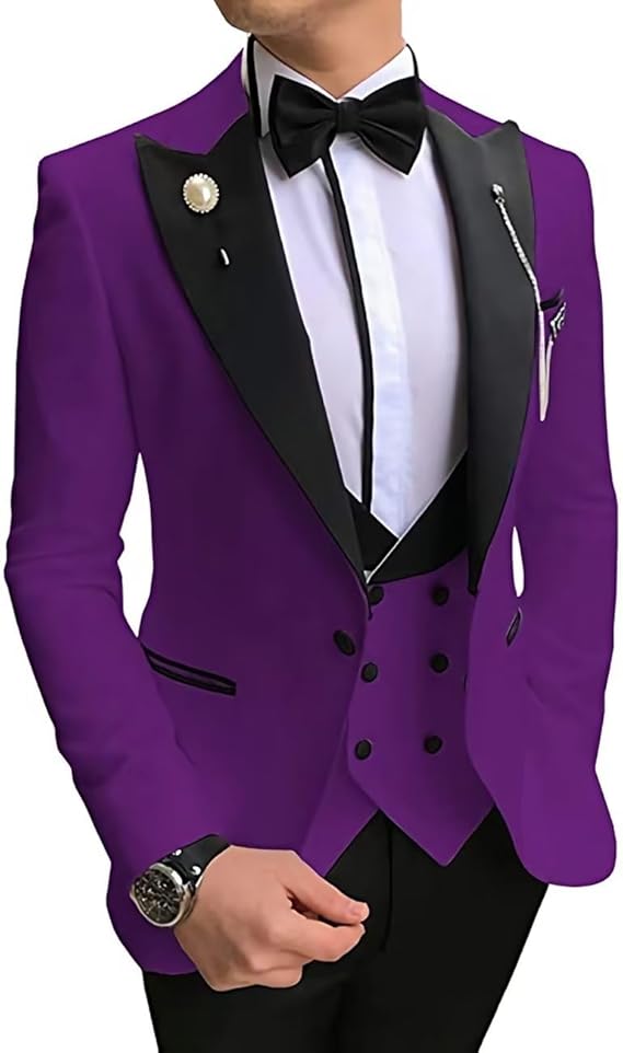 Men's Tuxedo Slim Fit 3 Piece Suit Formal Wedding Suit One Button Jacket Vest & Trousers with Bow Tie