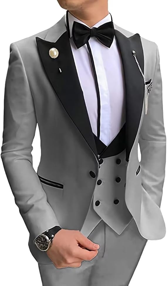 Men's Tuxedo Slim Fit 3 Piece Suit Formal Wedding Suit One Button Jacket Vest & Trousers with Bow Tie