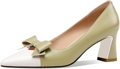 Women's Genuine Leather Pointed Toe Handmade Bowknot Mid Chunky Heels Cute Pumps Shoes