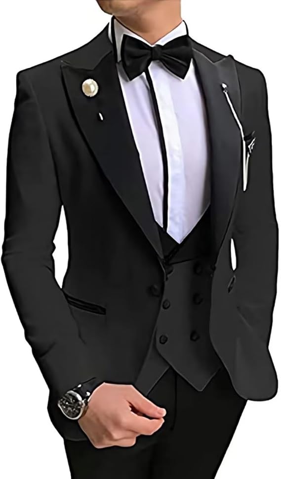 Men's Tuxedo Slim Fit 3 Piece Suit Formal Wedding Suit One Button Jacket Vest & Trousers with Bow Tie