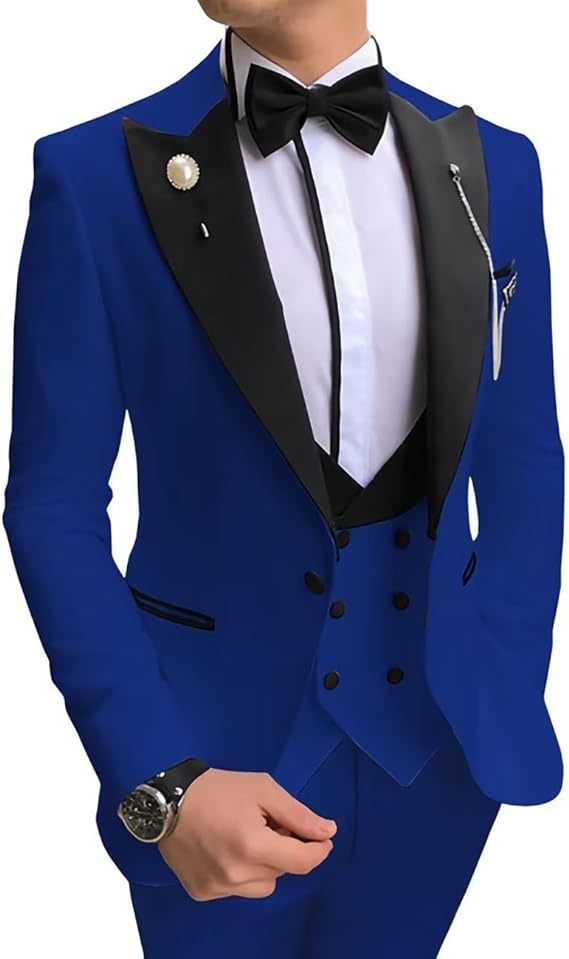 Men's Tuxedo Slim Fit 3 Piece Suit Formal Wedding Suit One Button Jacket Vest & Trousers with Bow Tie