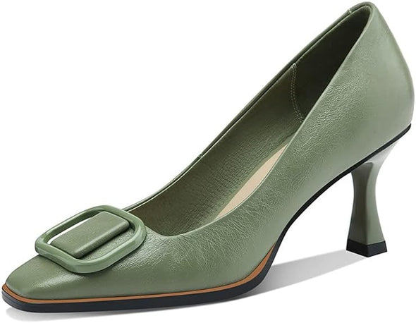 Women's Genuine Leather Square Toe Handmade Stiletto Mid Heels Pumps Shoes with Buckle