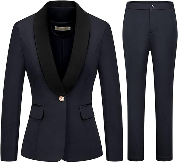Women's 2 Piece Business Suit Set One Button Solid Color Blazer Trouser Suit