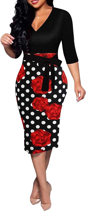 Women's Bodycon Work Pencil Dress Colorblock Back Zipper Office Business Dresses