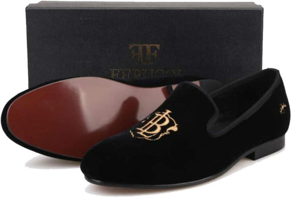 Handmade Men Black Velvet with Embroidered Loafers Flats shoe.