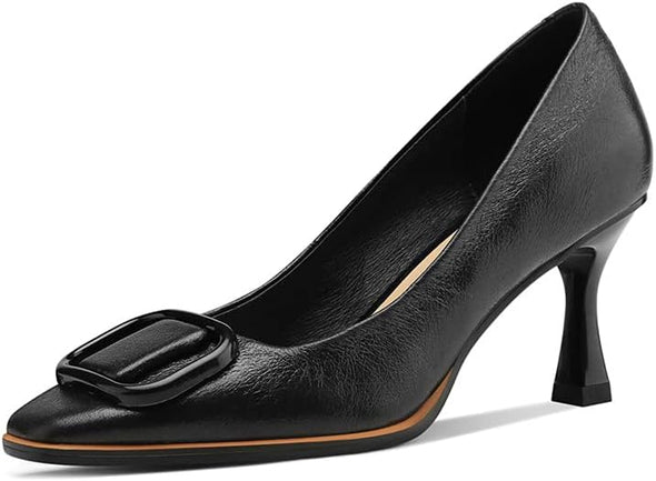 Women's Genuine Leather Square Toe Handmade Stiletto Mid Heels Pumps Shoes with Buckle