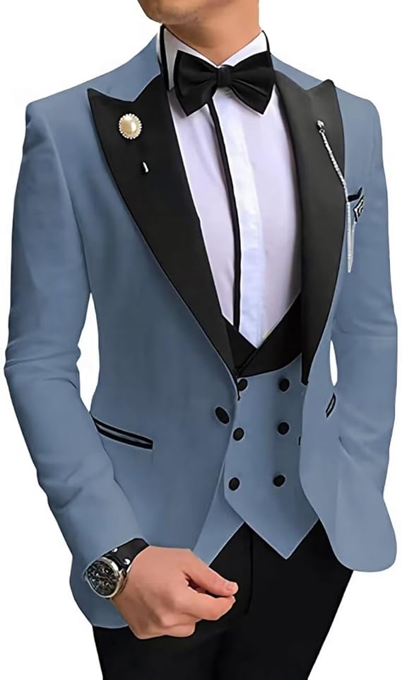 Men's Tuxedo Slim Fit 3 Piece Suit Formal Wedding Suit One Button Jacket Vest & Trousers with Bow Tie