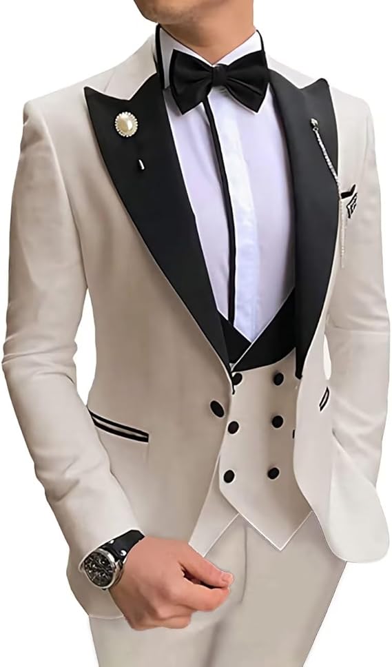 Men's Tuxedo Slim Fit 3 Piece Suit Formal Wedding Suit One Button Jacket Vest & Trousers with Bow Tie