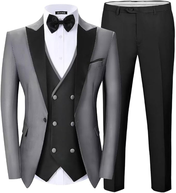 Men's Tuxedo Suits 3 Piece Slim Fit Stylish Party Wedding Prom Formal Christmas Double Breasted Suit with Bow Tie