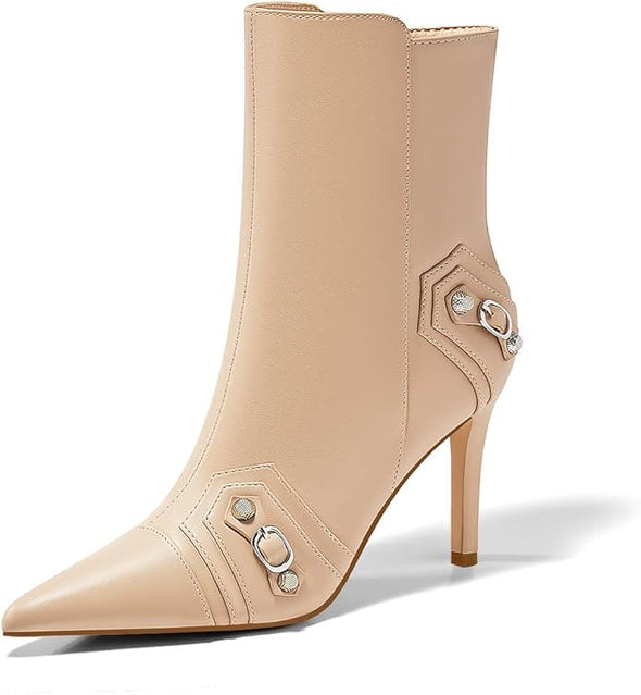 Womens High Heel Ankle Boots Pointed Toe Sexy Stiletto Buckle Decor Zipper Booties Fall Winter Shoes