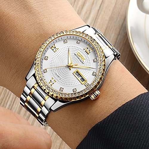 Diamond Watches for Men Stainless Steel Calendar Watch Analog Quartz Luxury Business Luminous Waterproof Dress Male Wrist Watch
