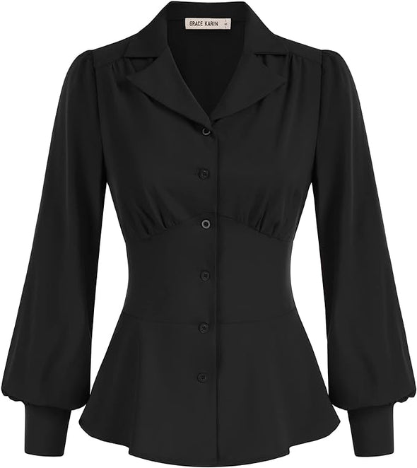 Button Down Shirts for Women Fall Peplum Tops Long Sleeve Work Blouse Collared Shirt Dressy Top