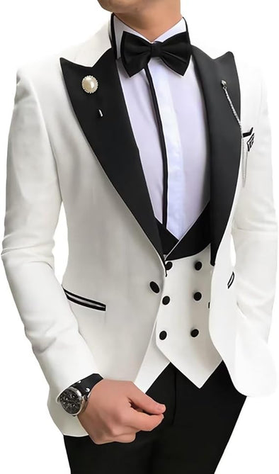 Men's Tuxedo Slim Fit 3 Piece Suit Formal Wedding Suit One Button Jacket Vest & Trousers with Bow Tie