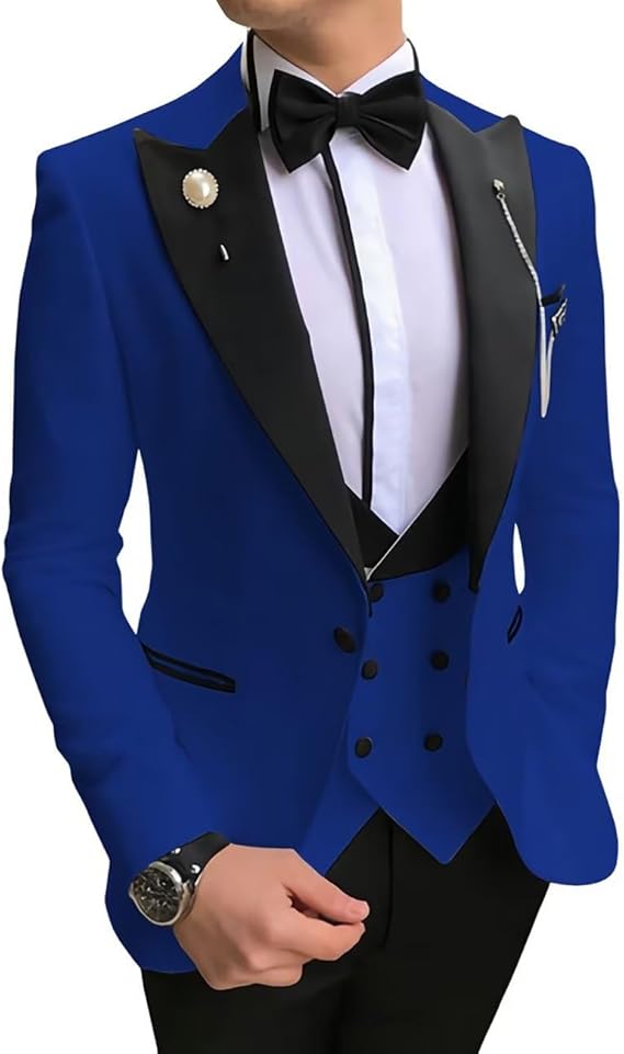 Men's Tuxedo Slim Fit 3 Piece Suit Formal Wedding Suit One Button Jacket Vest & Trousers with Bow Tie