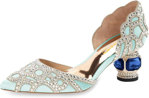 Women's Pumps, Elegant Pointed Toe, D'Orsay Crystal Chunky Low Heels 2 Inches, Rhinestone Studs, Slip-On Satin Shoes for Wedding